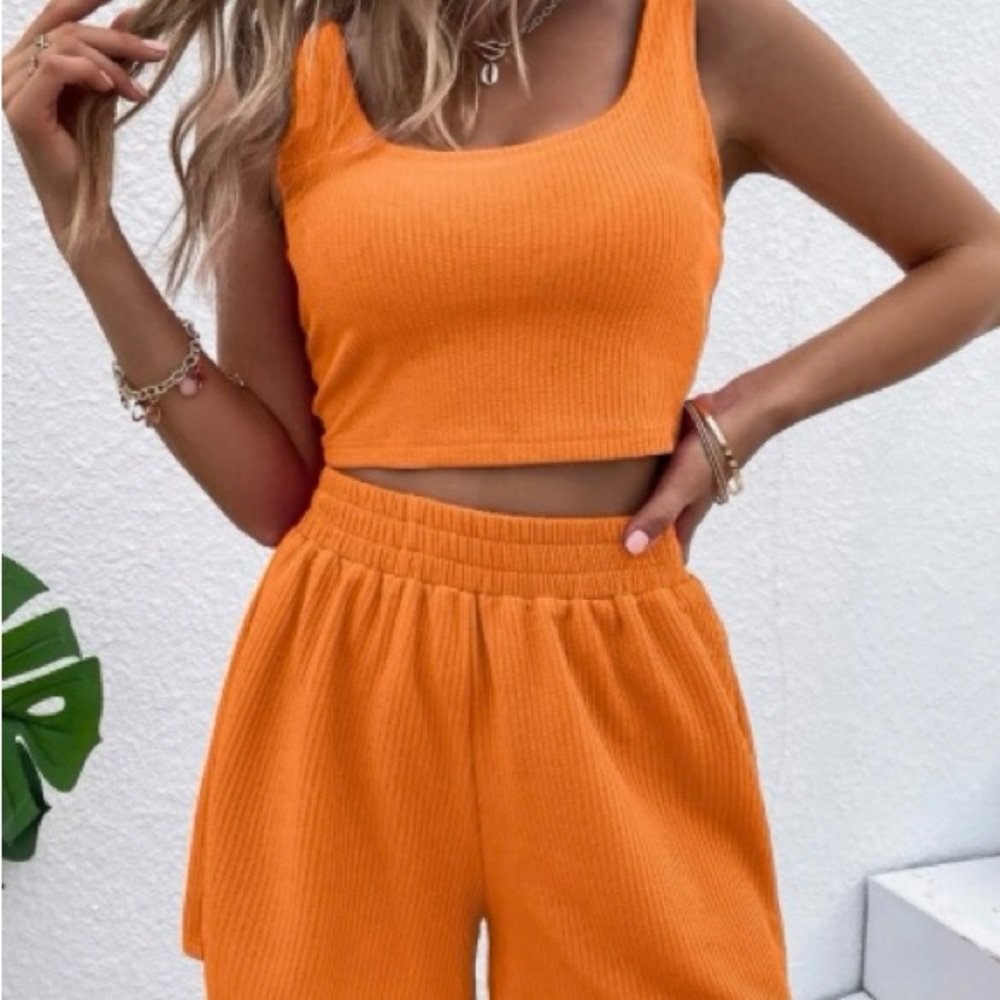 Set: Comfy Tangerine Orange Cropped Tank and High Waisted Shorts